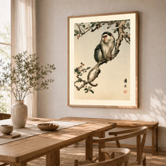 Japanese Monkey Wall Art – Vintage Botanical Art Print — dining room framed print natural wood frame