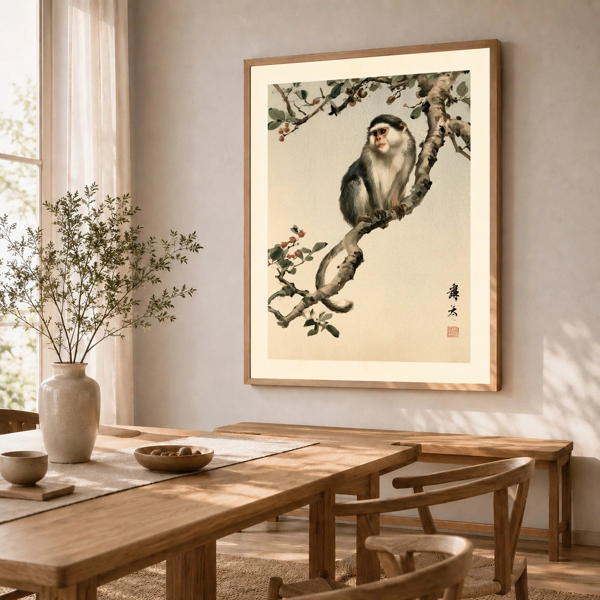 Japanese Monkey Wall Art – Vintage Botanical Art Print — dining room framed print natural wood frame