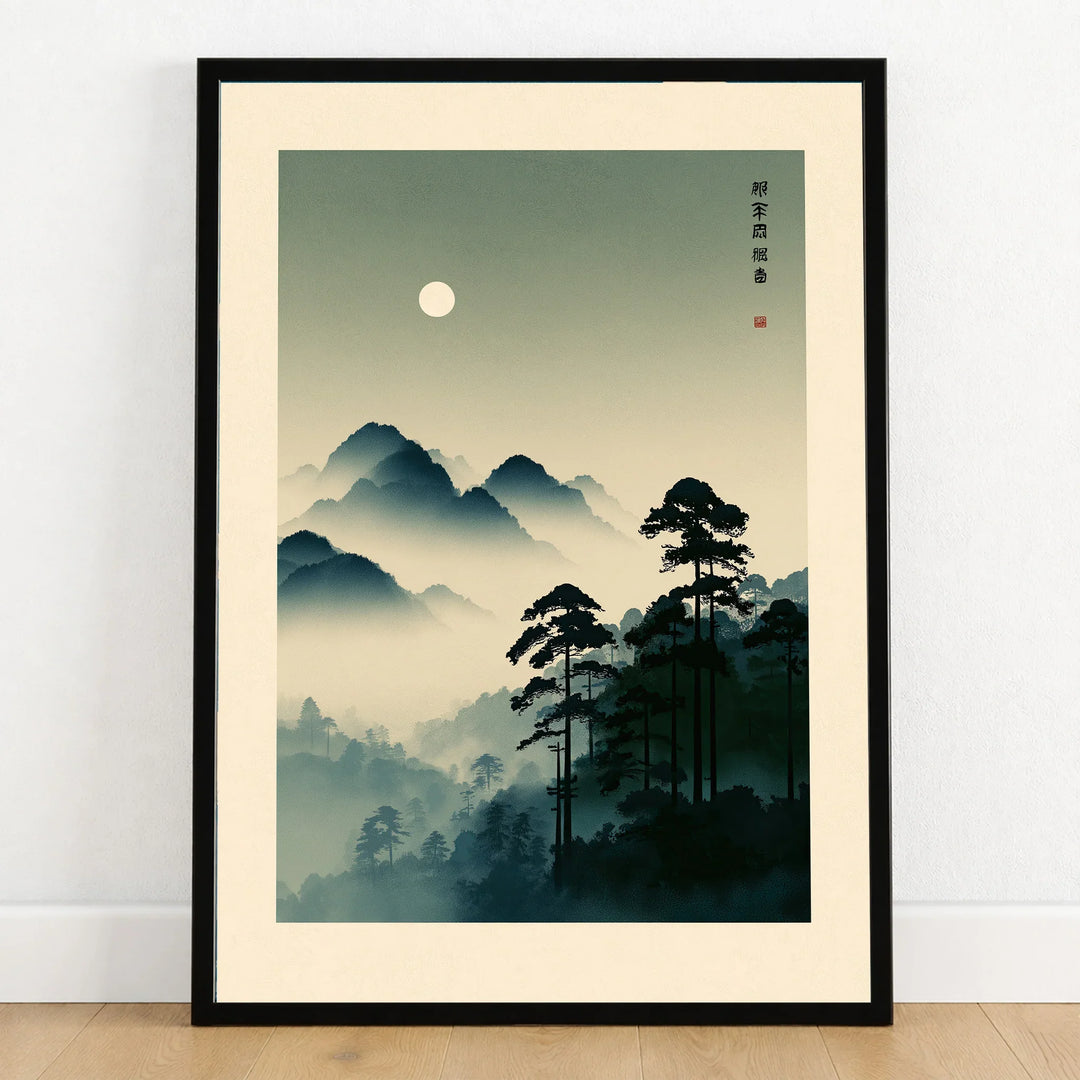 Japanese Mountain Art Print – Misty Vintage Landscape Wall Art — art print in black frame on wooden floor