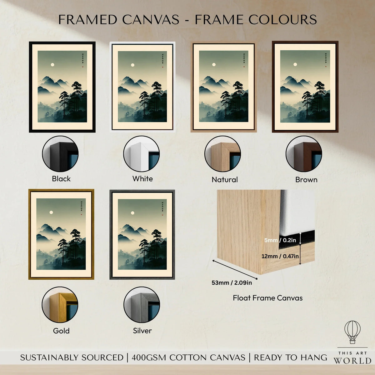 Japanese Mountain Art Print – Misty Vintage Landscape Wall Art — framed canvas float frame colour options