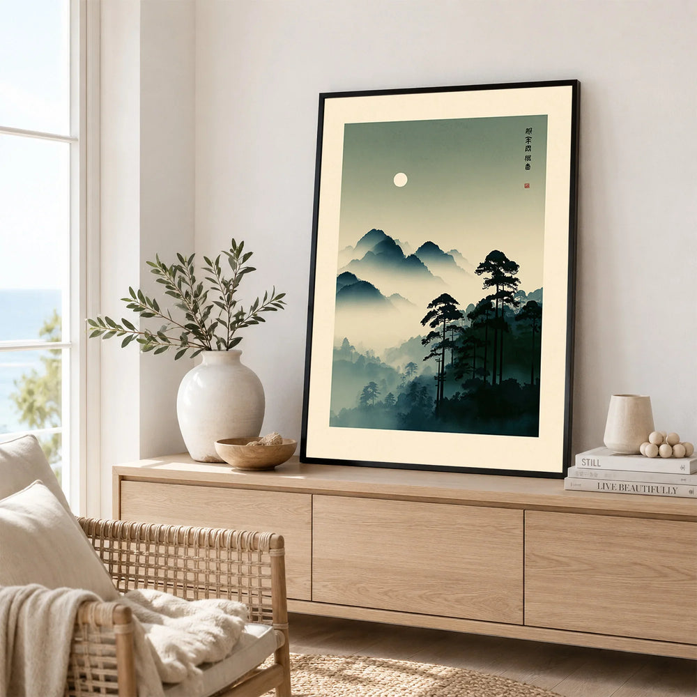 Japanese Mountain Art Print – Misty Vintage Landscape Wall Art — framed artwork living room lifestyle setting