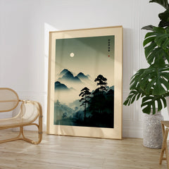Japanese Mountain Art Print – Misty Vintage Landscape Wall Art — large framed print room setting chair plant