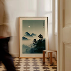 Japanese Mountain Art Print – Misty Vintage Landscape Wall Art — framed canvas on floor man walking past