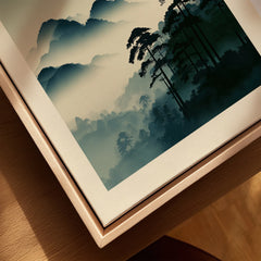 Japanese Mountain Art Print – Misty Vintage Landscape Wall Art — closeup framed canvas natural wood floating frame