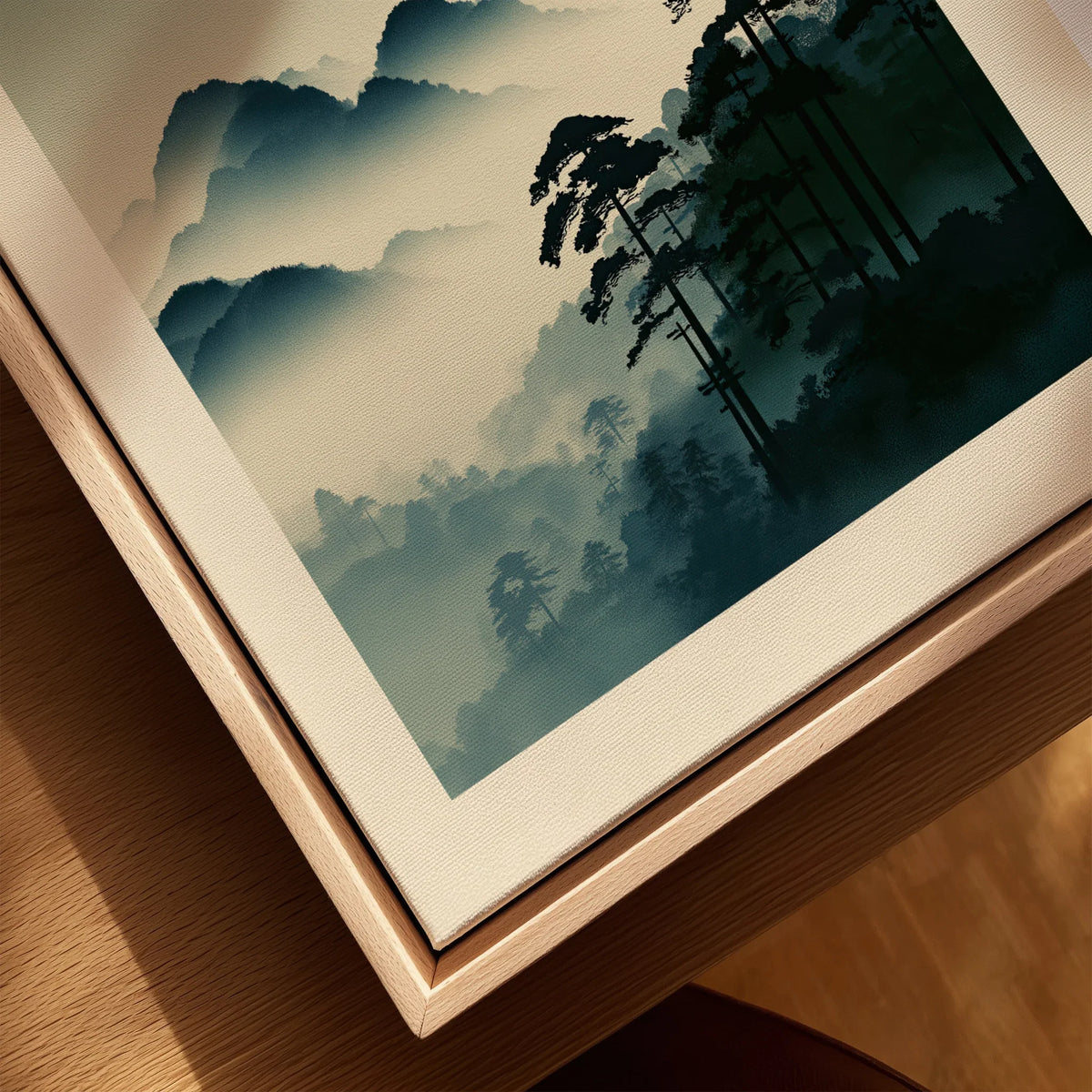 Japanese Mountain Art Print – Misty Vintage Landscape Wall Art — closeup framed canvas natural wood floating frame
