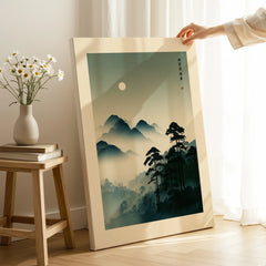 Japanese Mountain Art Print – Misty Vintage Landscape Wall Art — canvas print mirror edge hand holding room setting