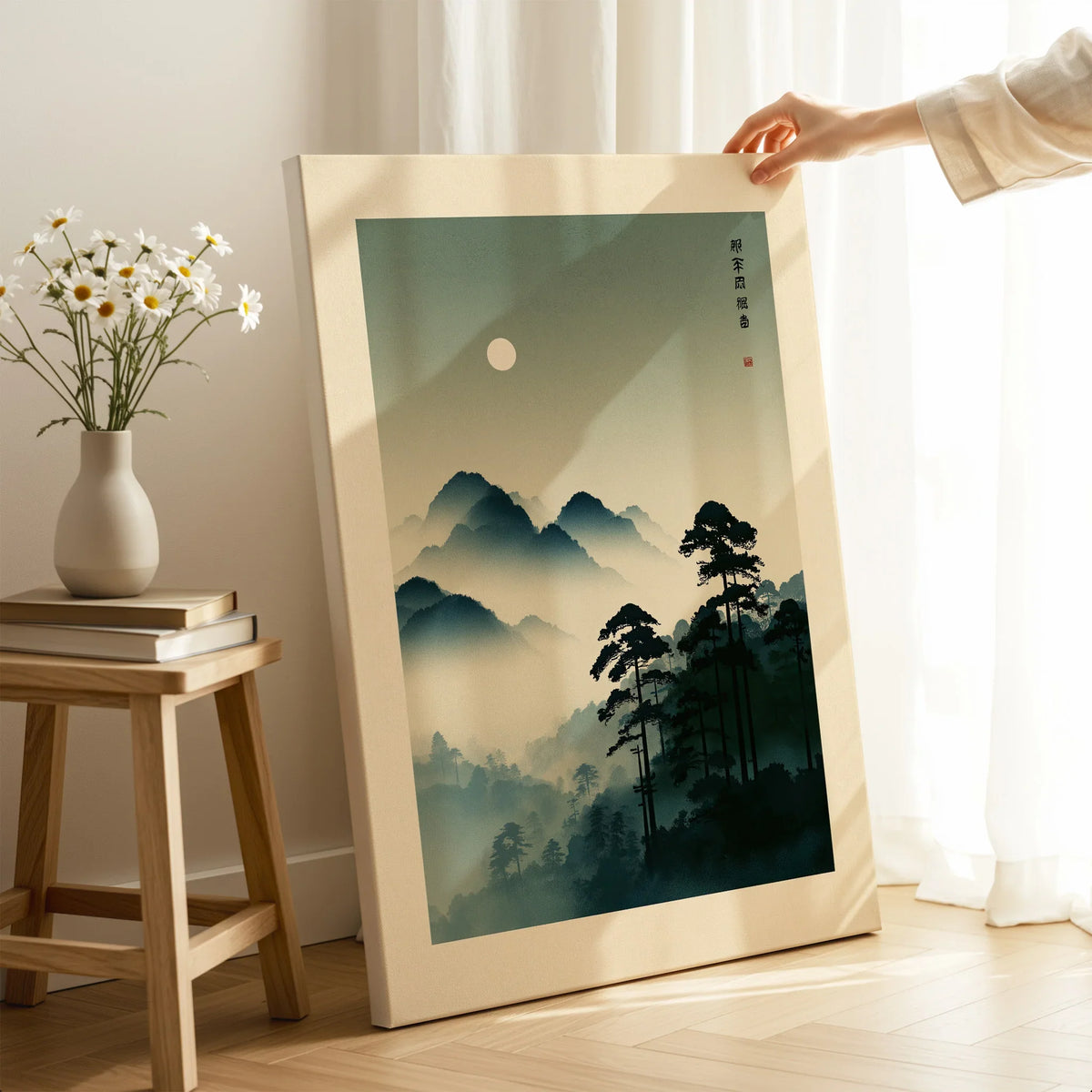 Japanese Mountain Art Print – Misty Vintage Landscape Wall Art — canvas print mirror edge hand holding room setting