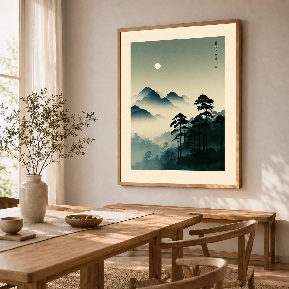 Japanese Mountain Art Print – Misty Vintage Landscape Wall Art — dining room framed print natural wood frame