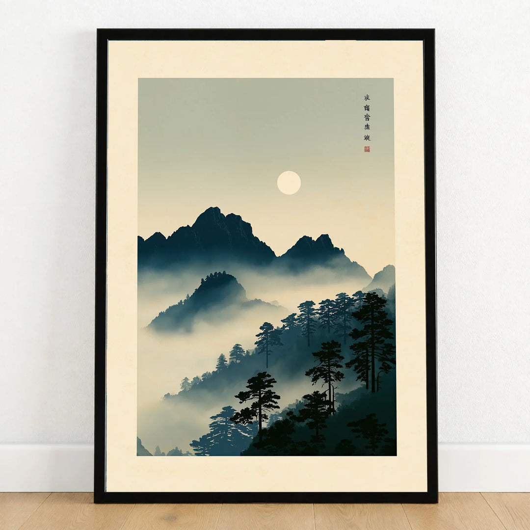 Japanese Mountain Wall Art – Vintage Landscape Print — art print in black frame on wooden floor