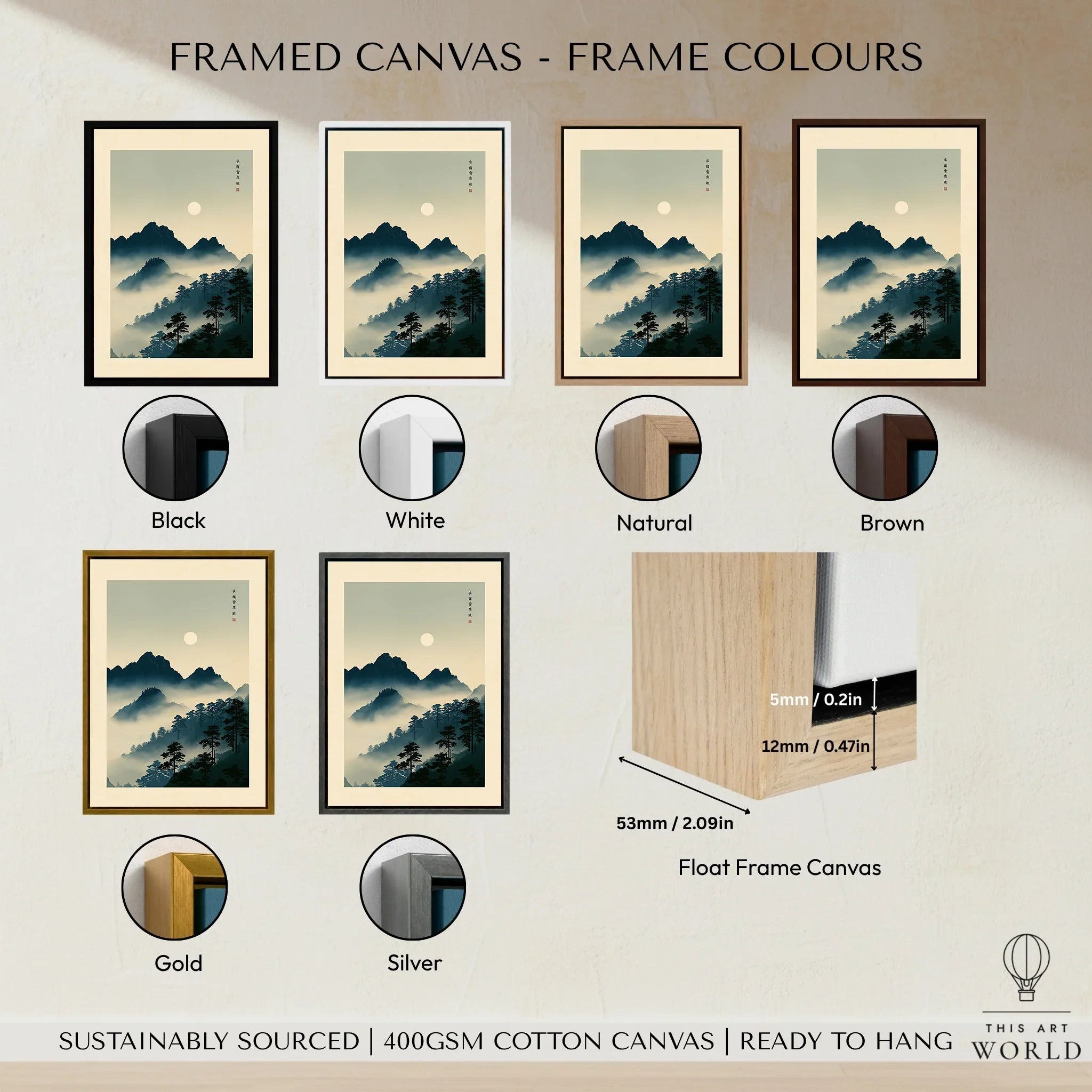Japanese Mountain Wall Art – Vintage Landscape Print — framed canvas float frame colour options