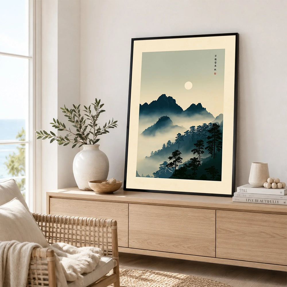 Japanese Mountain Wall Art – Vintage Landscape Print — framed artwork living room lifestyle setting