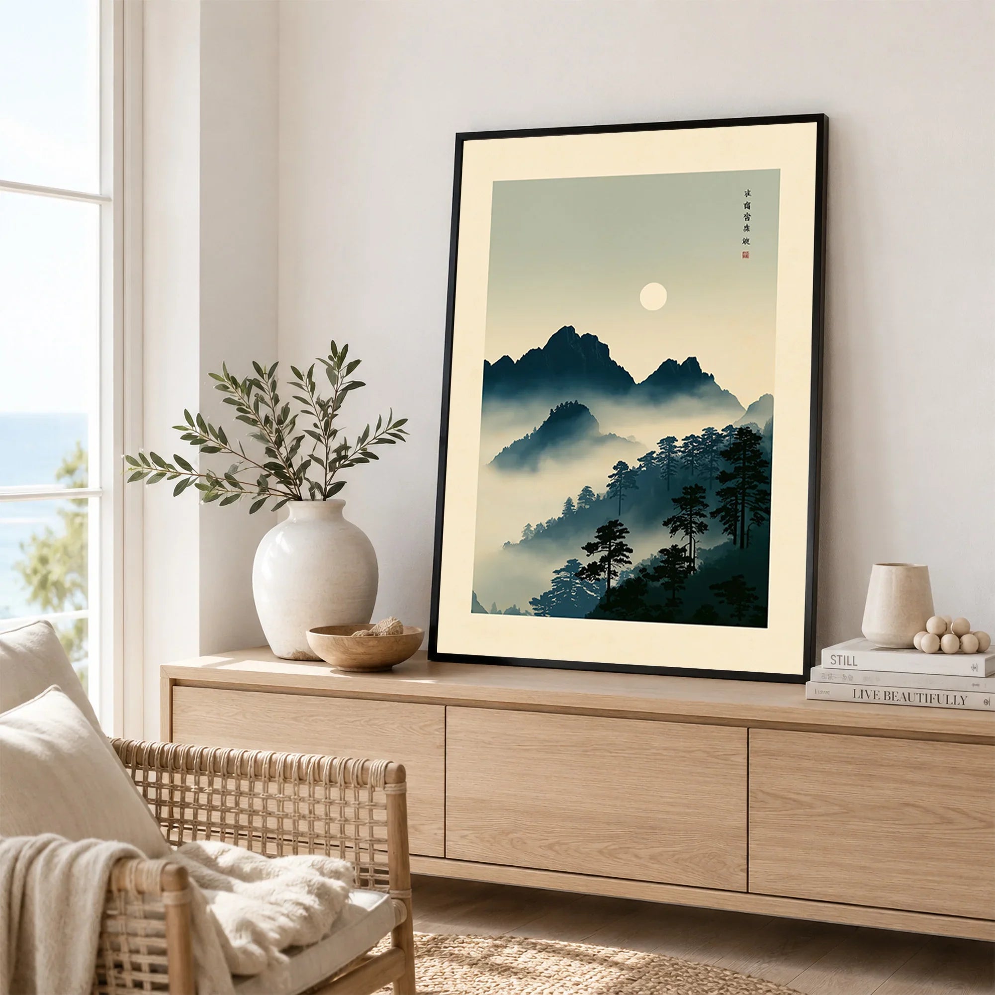 Japanese Mountain Wall Art – Vintage Landscape Print — framed artwork living room lifestyle setting