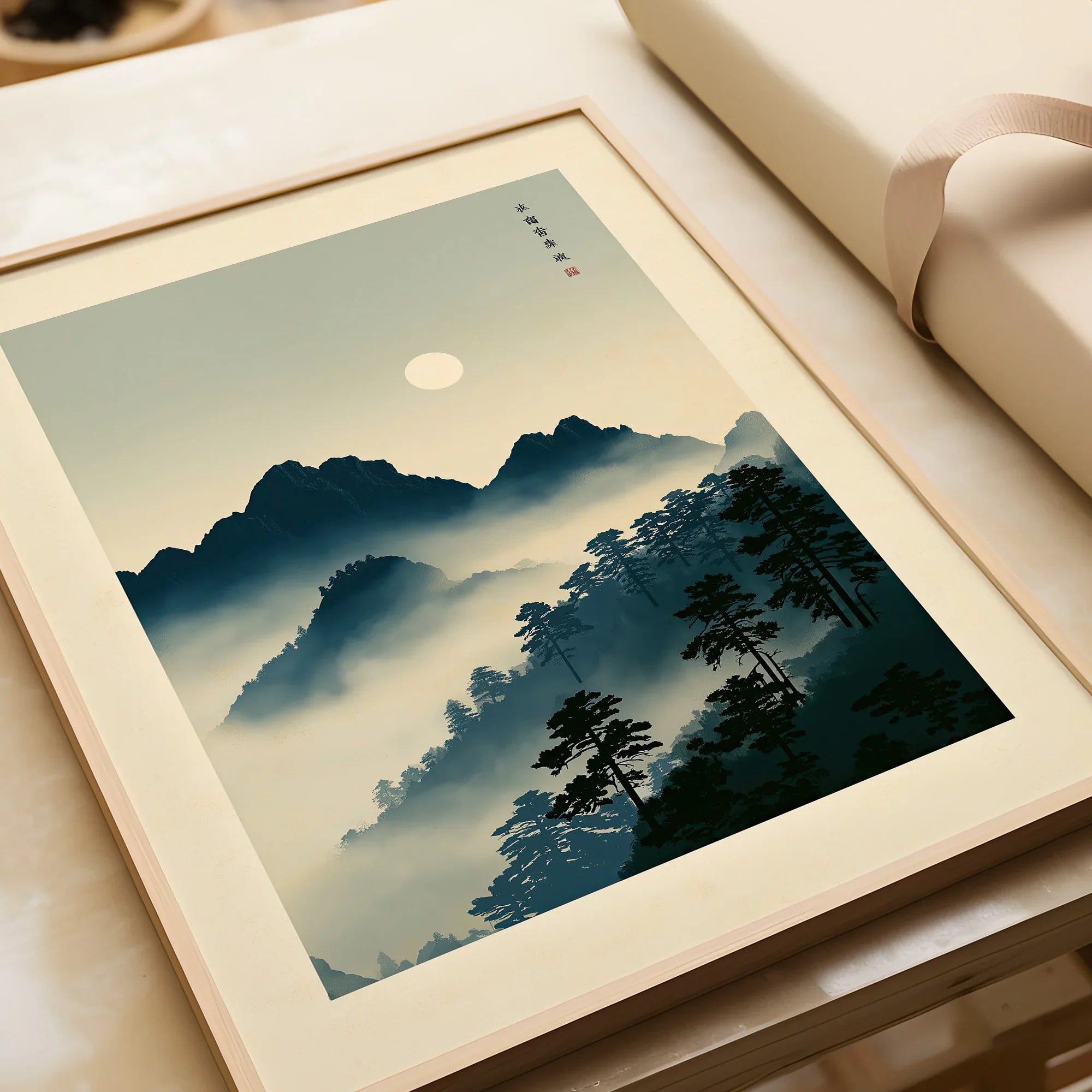 Japanese Mountain Wall Art – Vintage Landscape Print — framed art print closeup gift unwrapped natural frame