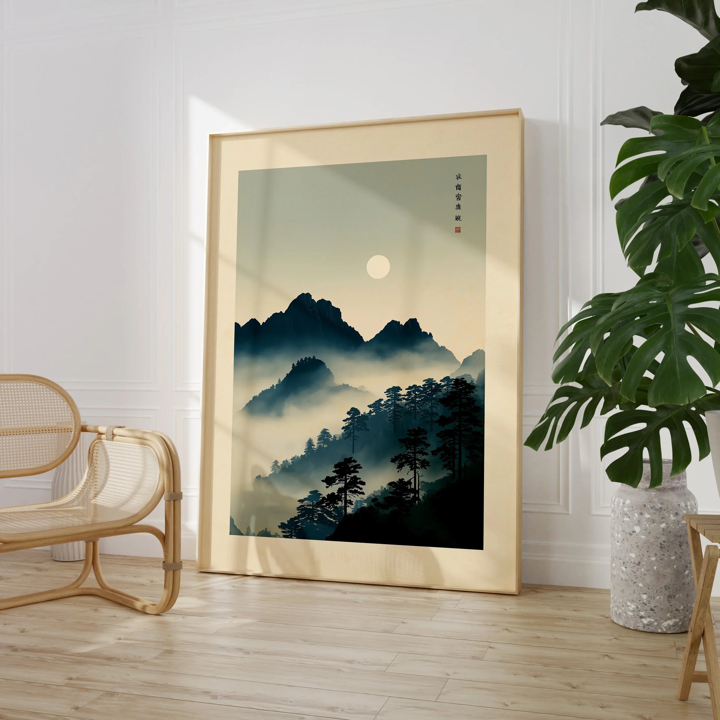 Japanese Mountain Wall Art – Vintage Landscape Print — large framed print room setting chair plant