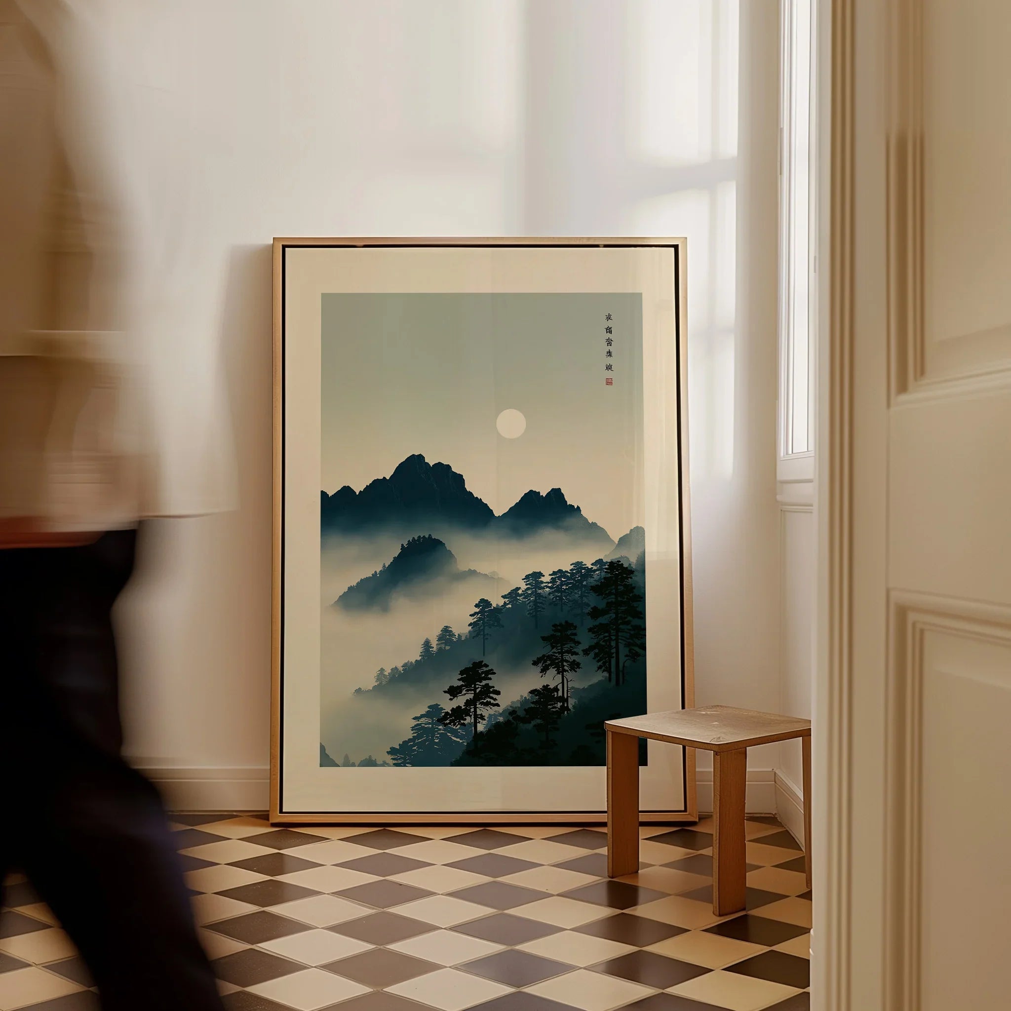 Japanese Mountain Wall Art – Vintage Landscape Print — framed canvas on floor man walking past