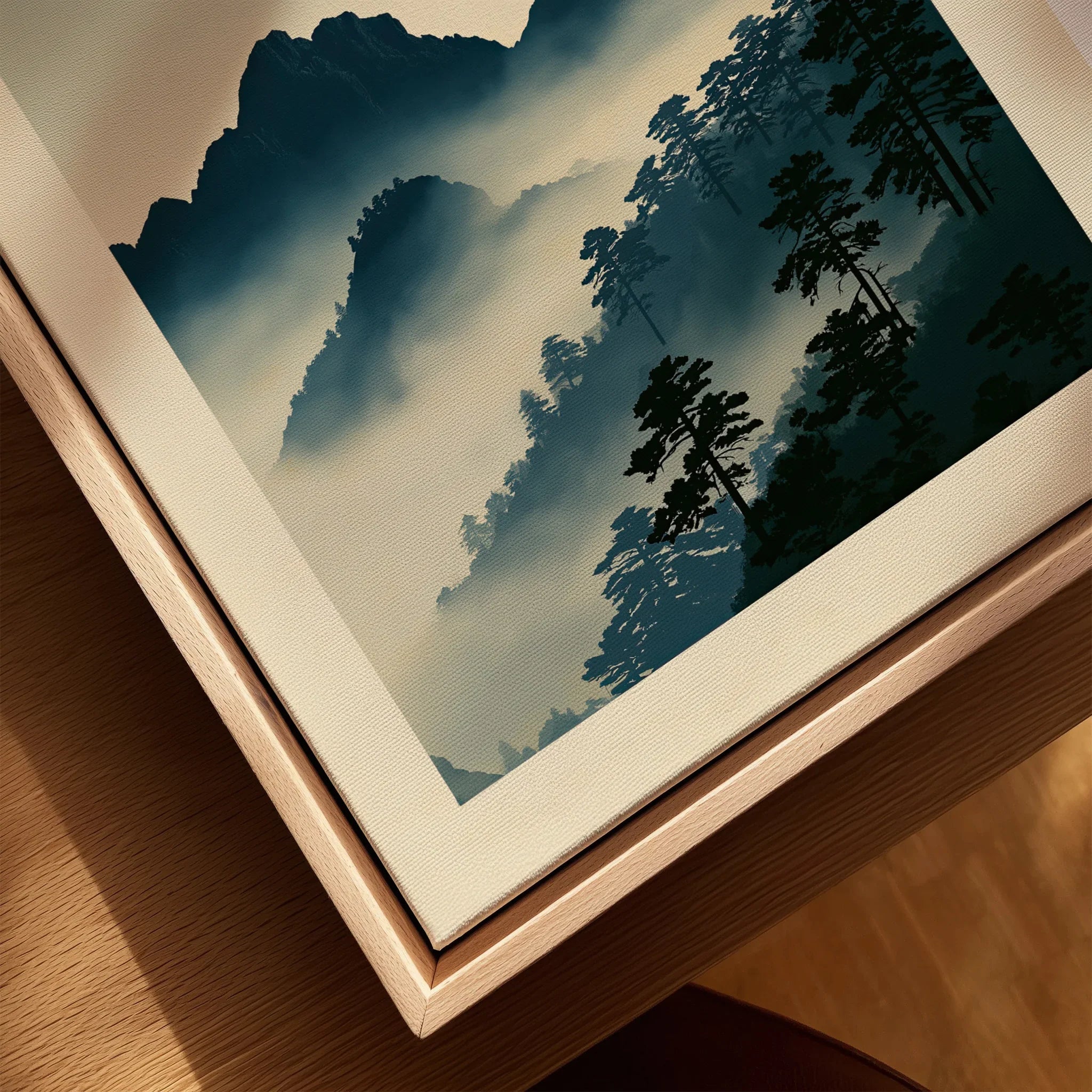 Japanese Mountain Wall Art – Vintage Landscape Print — closeup framed canvas natural wood floating frame