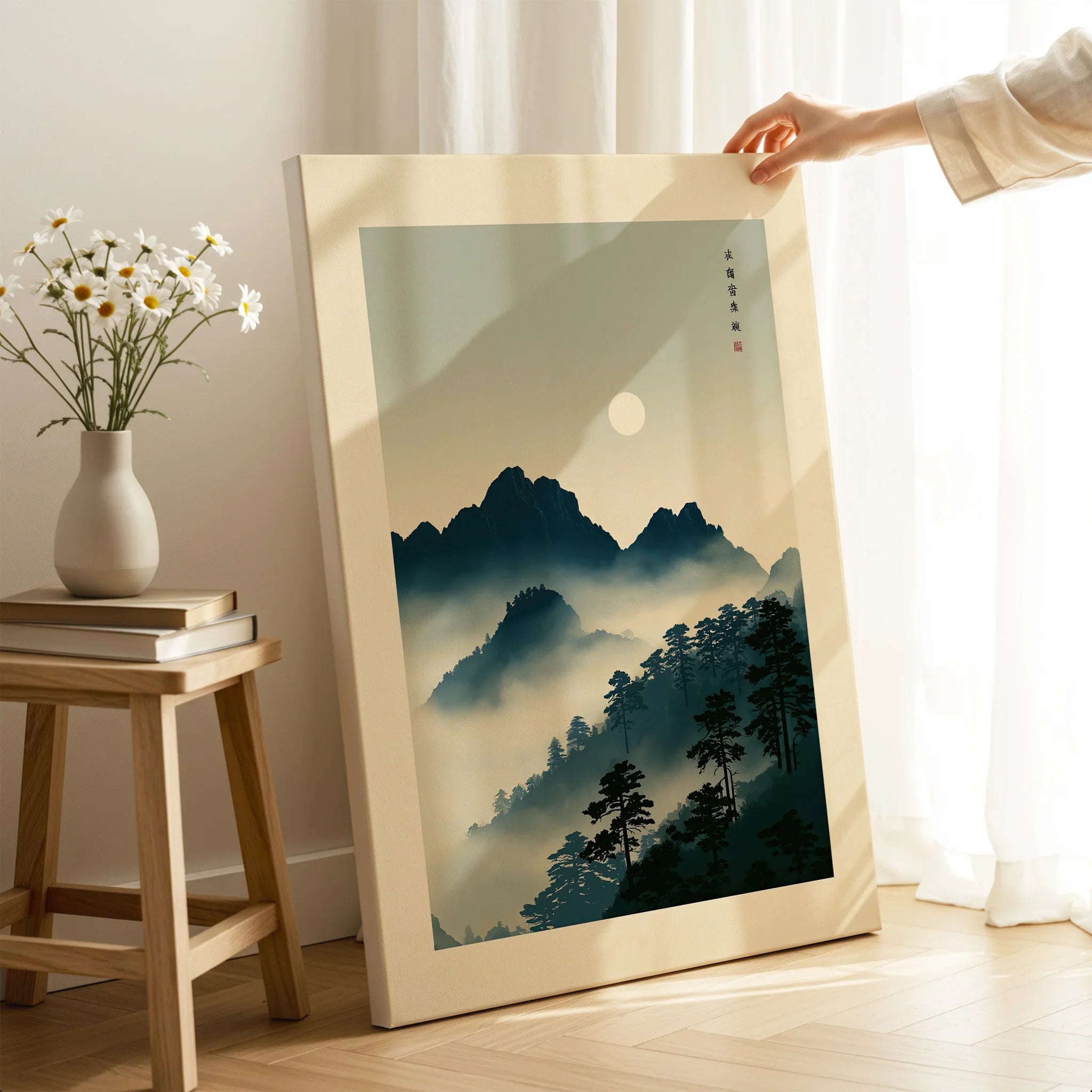 Japanese Mountain Wall Art – Vintage Landscape Print — canvas print mirror edge hand holding room setting