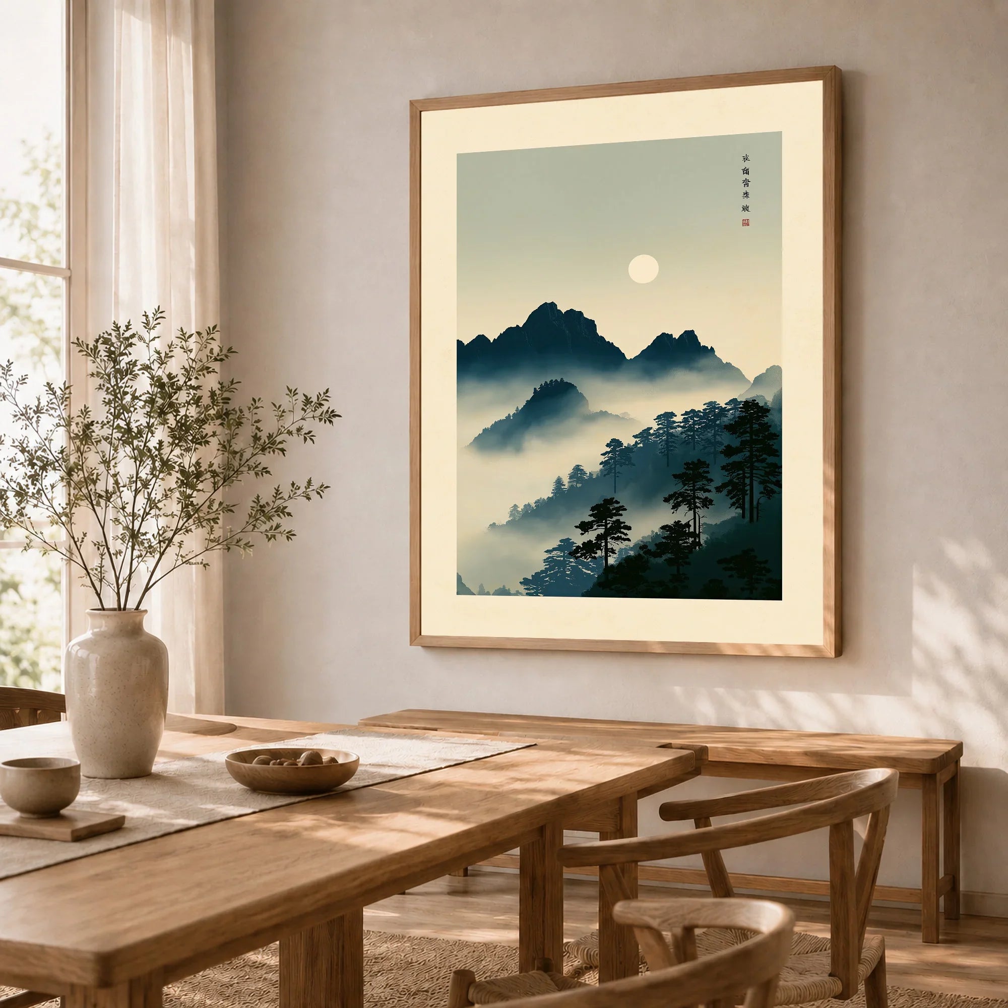 Japanese Mountain Wall Art – Vintage Landscape Print — dining room framed print natural wood frame