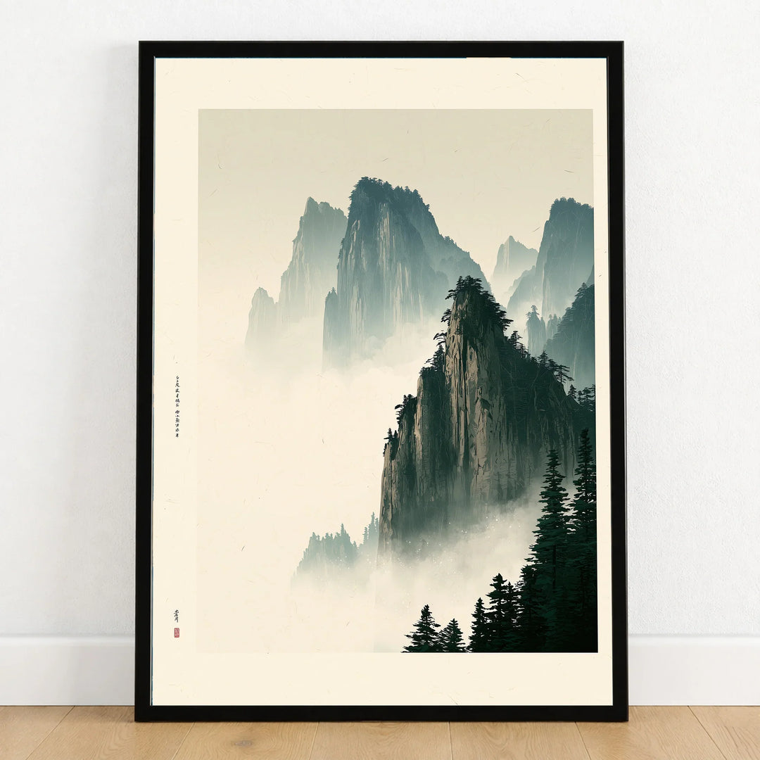 Japanese Mountain Landscape Print – Vintage Wall Art — art print in black frame on wooden floor