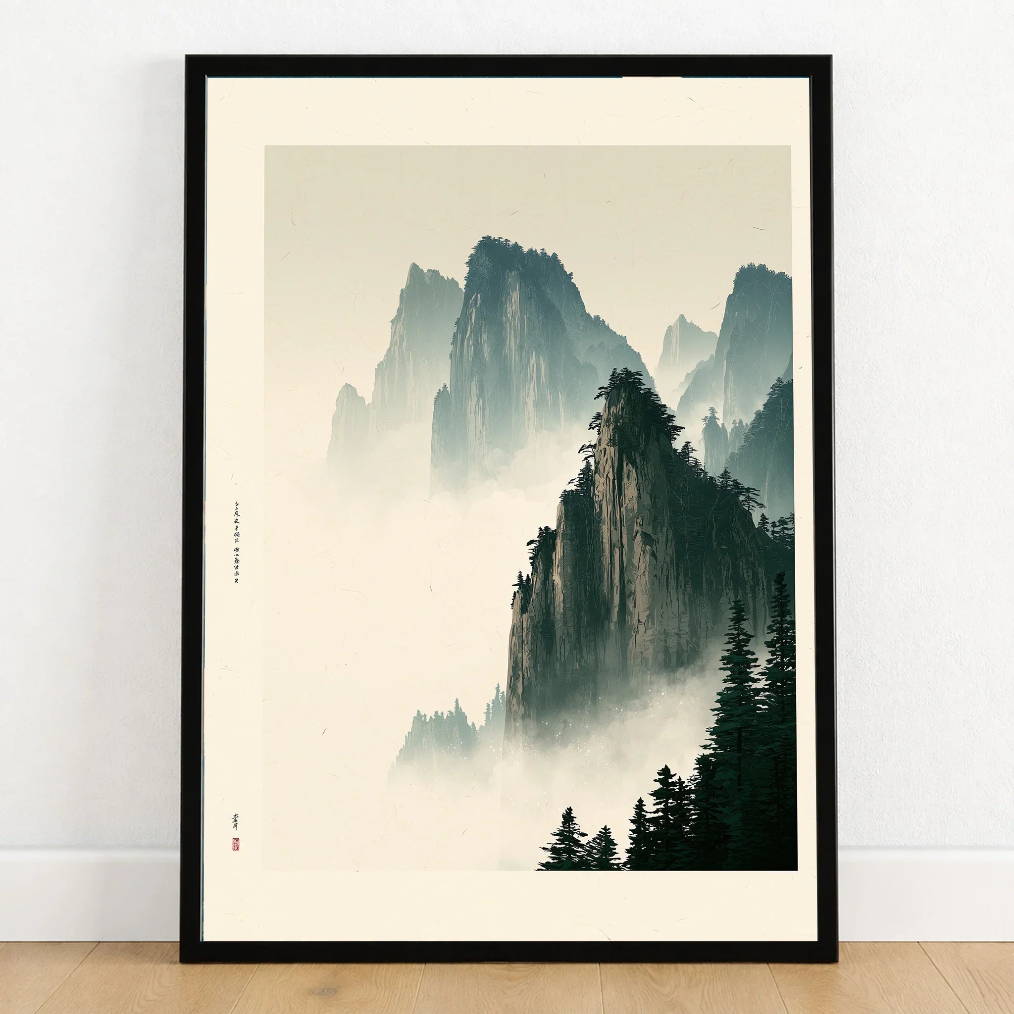 Japanese Mountain Landscape Print – Vintage Wall Art — art print in black frame on wooden floor