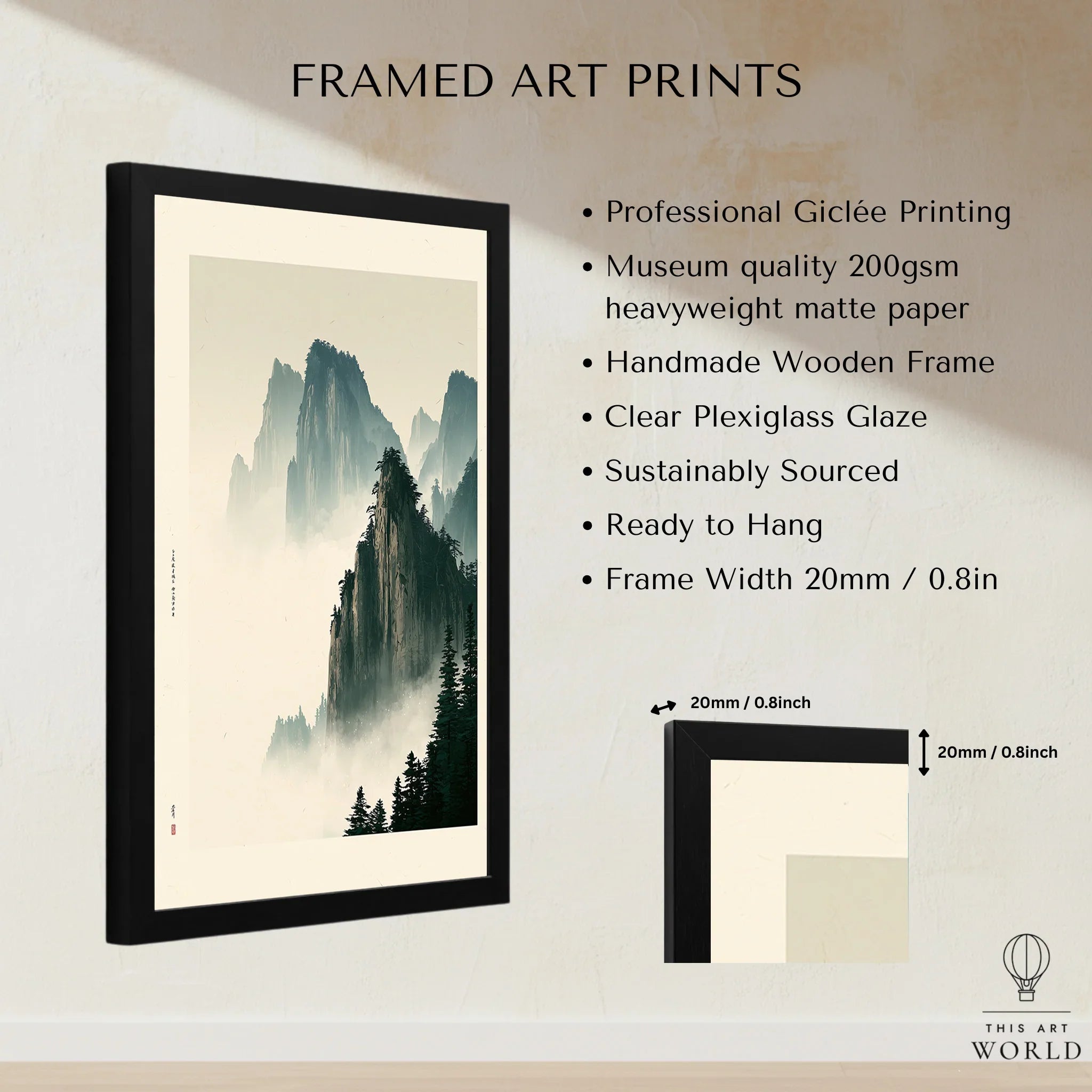 Japanese Mountain Landscape Print – Vintage Wall Art — framed print details measurements quality details