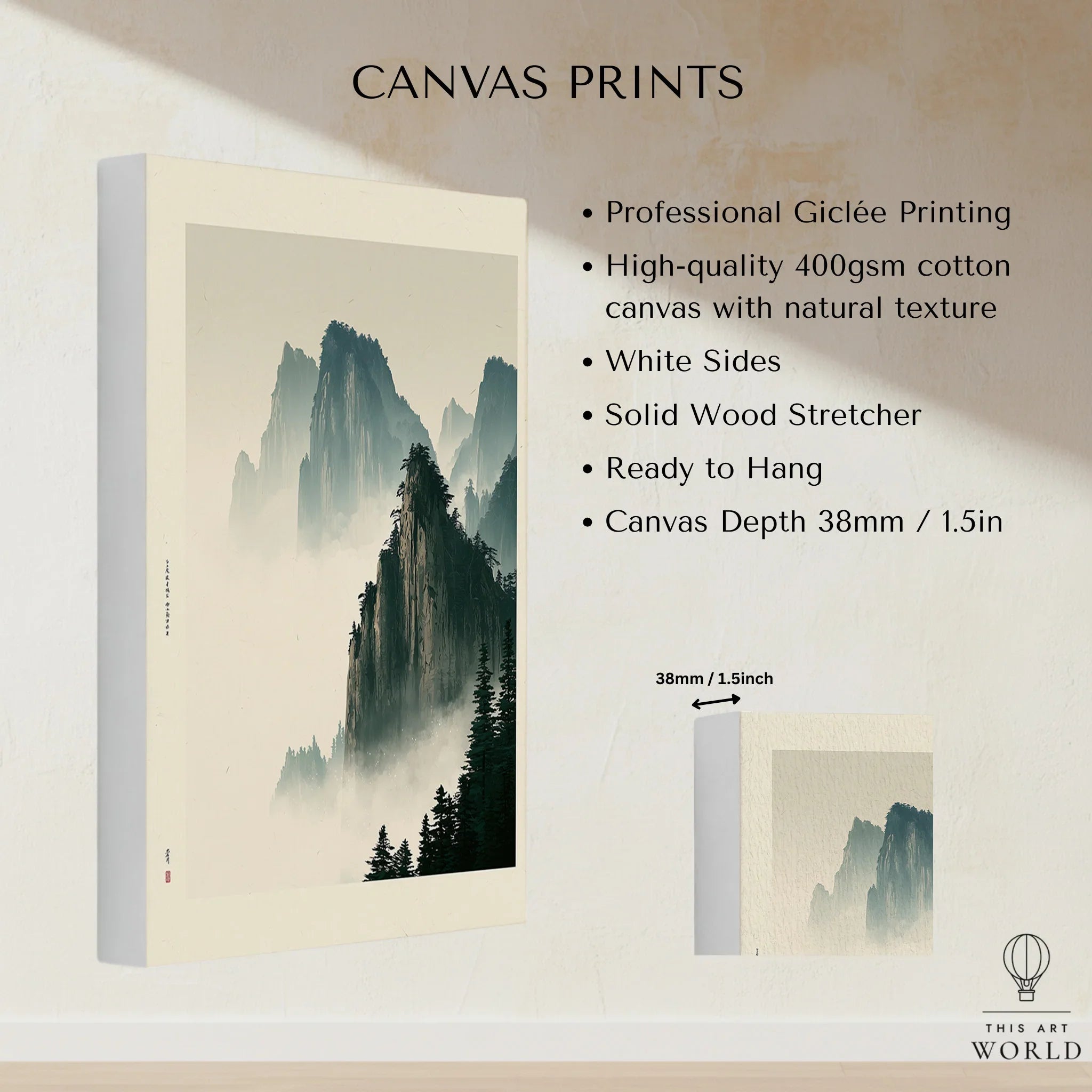 Japanese Mountain Landscape Print – Vintage Wall Art — canvas print stretched cotton canvas details