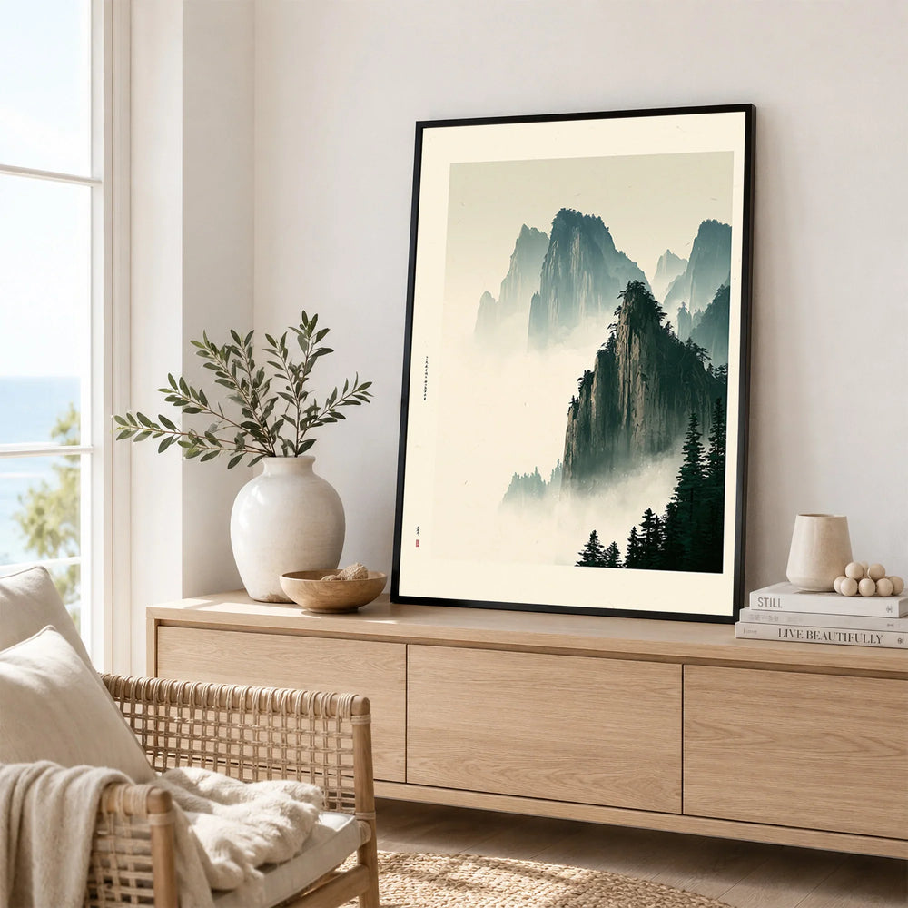 Japanese Mountain Landscape Print – Vintage Wall Art — framed artwork living room lifestyle setting