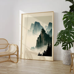 Japanese Mountain Landscape Print – Vintage Wall Art — large framed print room setting chair plant