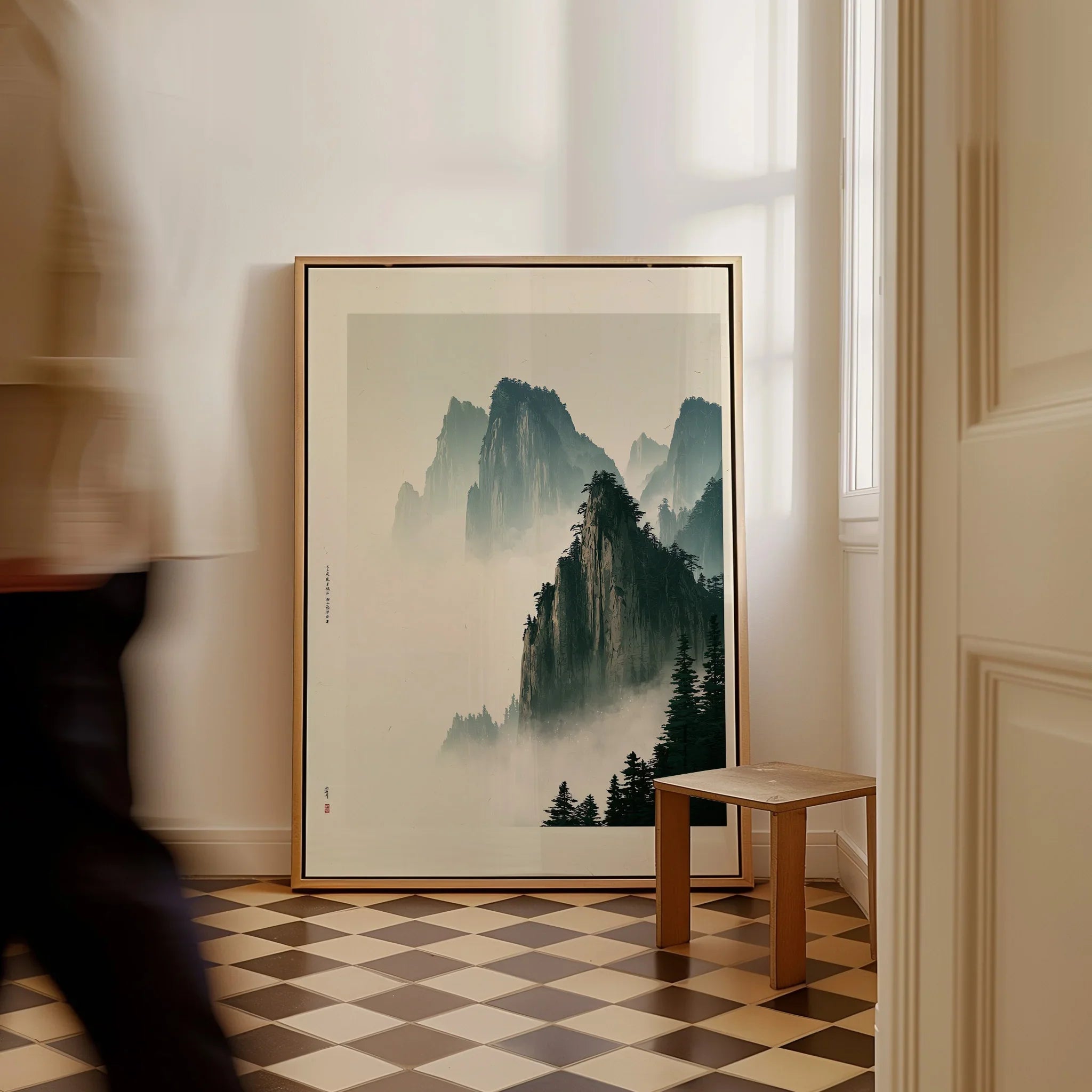 Japanese Mountain Landscape Print – Vintage Wall Art — framed canvas on floor man walking past