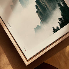 Japanese Mountain Landscape Print – Vintage Wall Art — closeup framed canvas natural wood floating frame