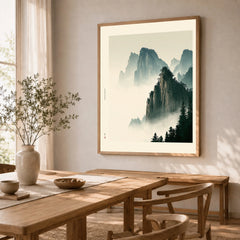 Japanese Mountain Landscape Print – Vintage Wall Art — dining room framed print natural wood frame