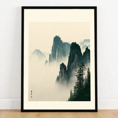 Japanese Misty Mountain Art Print – Vintage Landscape Wall Art — art print in black frame on wooden floor