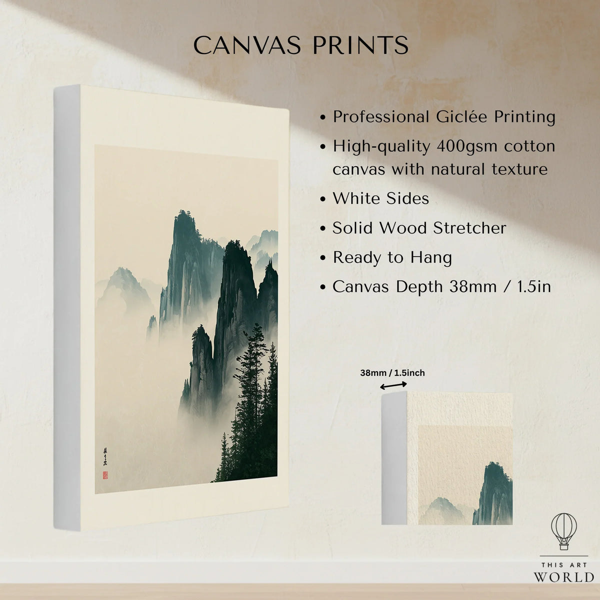 Japanese Misty Mountain Art Print – Vintage Landscape Wall Art — canvas print stretched cotton canvas details