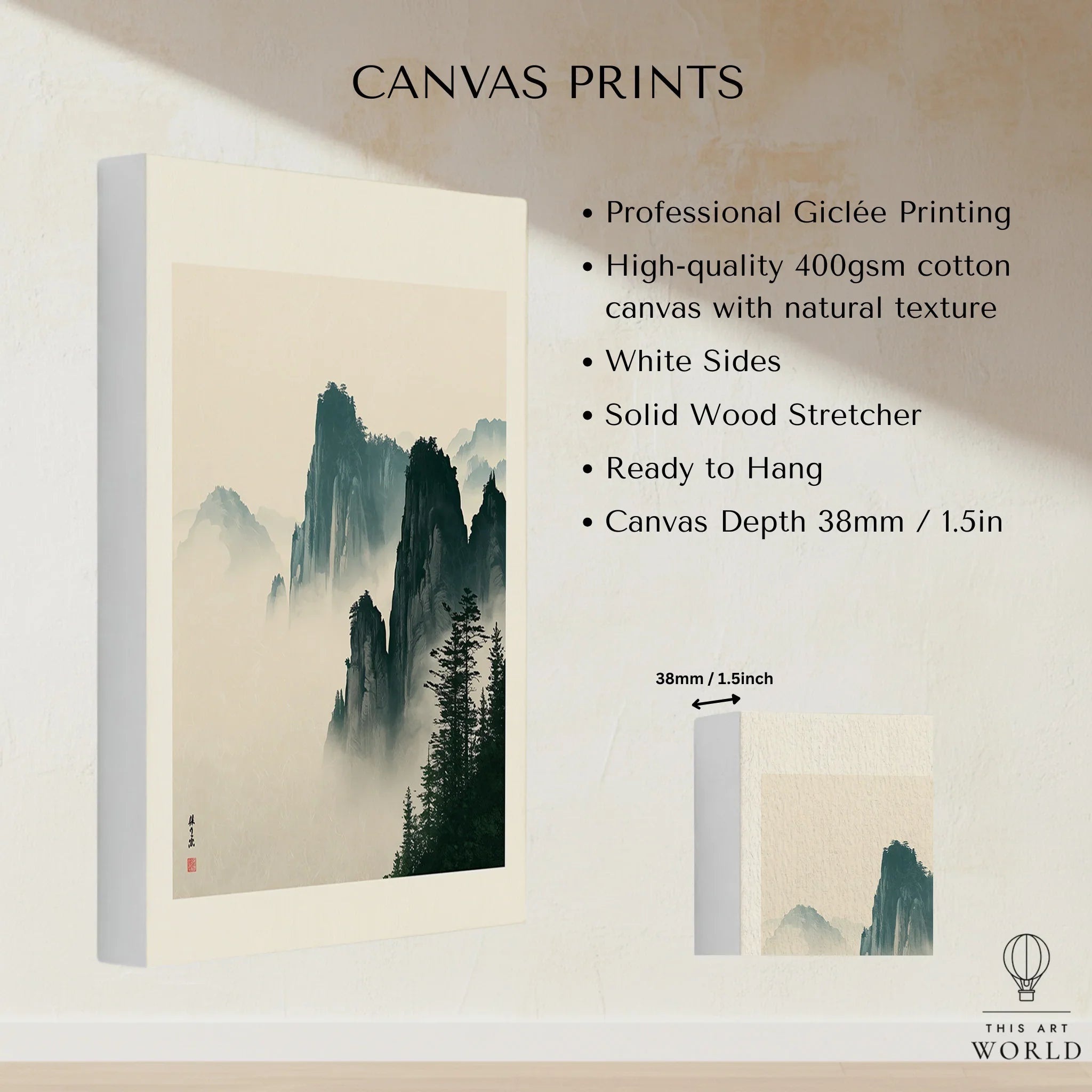 Japanese Misty Mountain Art Print – Vintage Landscape Wall Art — canvas print stretched cotton canvas details