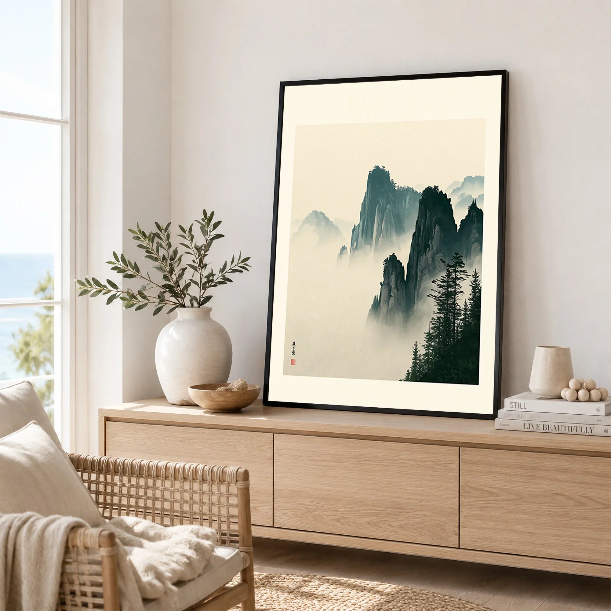 Japanese Misty Mountain Art Print – Vintage Landscape Wall Art — framed artwork living room lifestyle setting