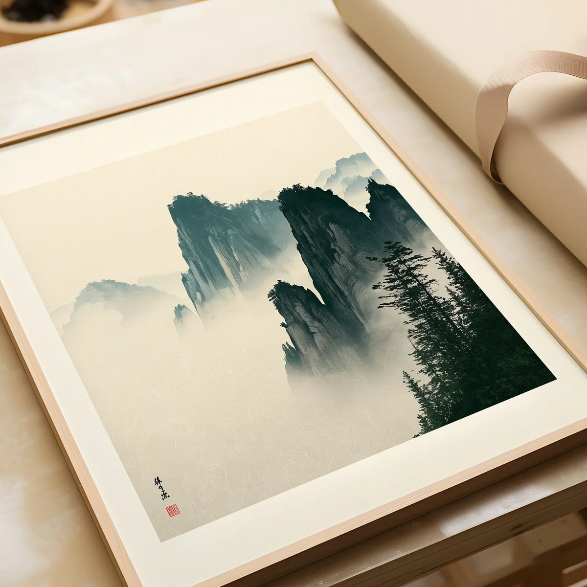 Japanese Misty Mountain Art Print – Vintage Landscape Wall Art — framed art print closeup gift unwrapped natural frame