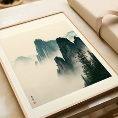 Japanese Misty Mountain Art Print – Vintage Landscape Wall Art — framed art print closeup gift unwrapped natural frame