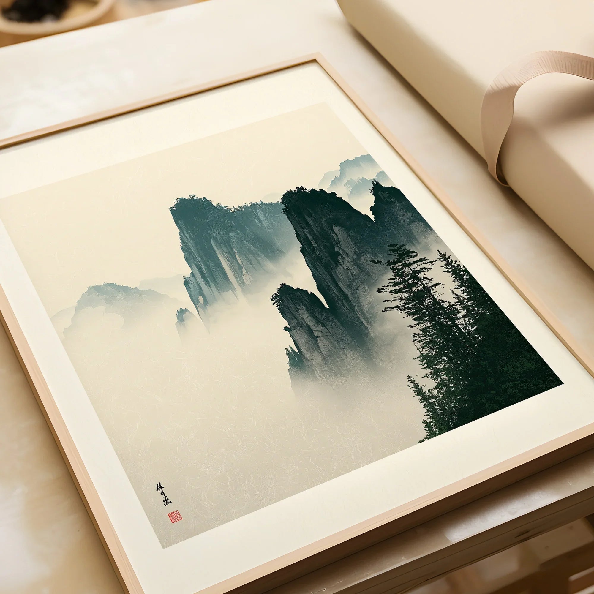 Japanese Misty Mountain Art Print – Vintage Landscape Wall Art — framed art print closeup gift unwrapped natural frame