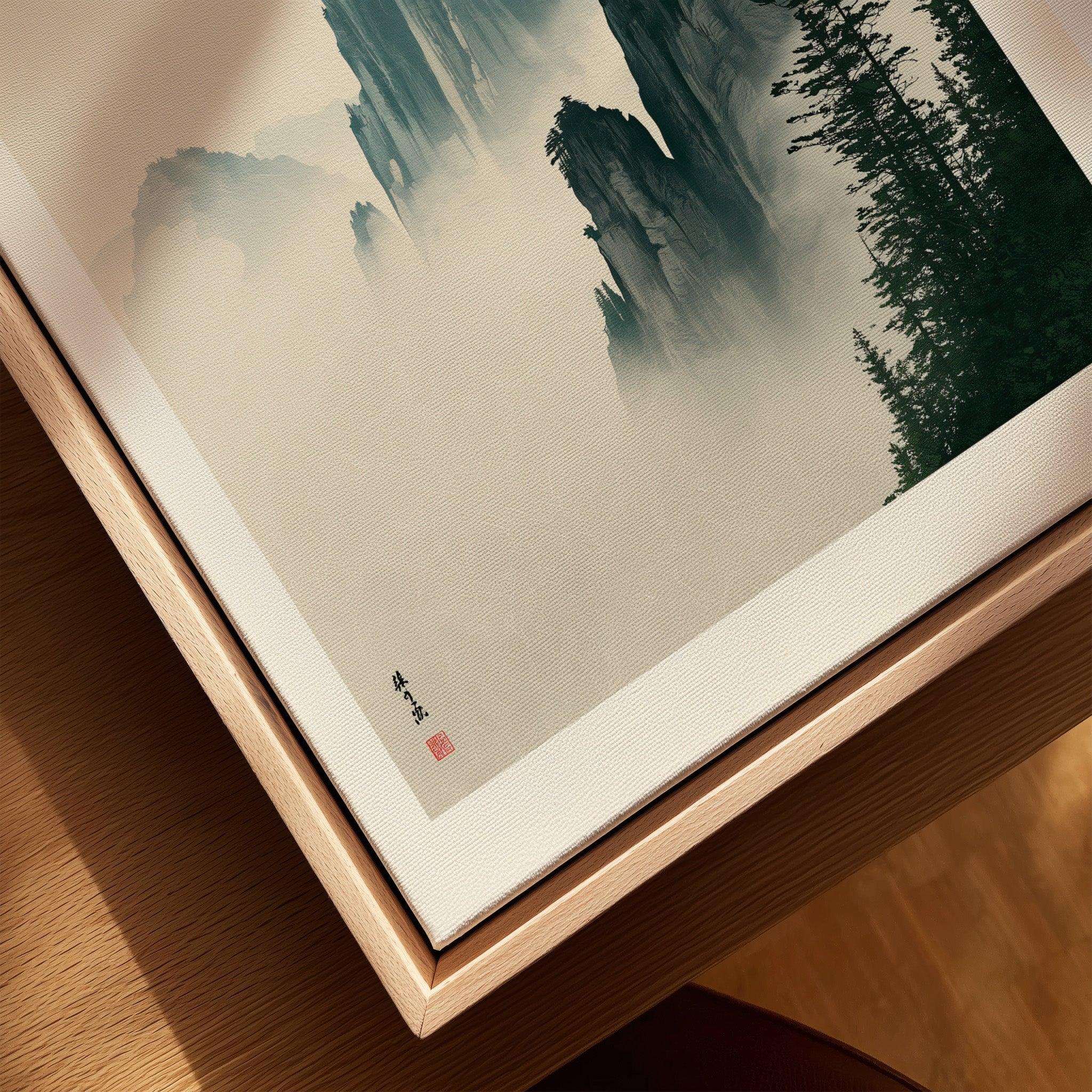 Japanese Misty Mountain Art Print – Vintage Landscape Wall Art — closeup framed canvas natural wood floating frame