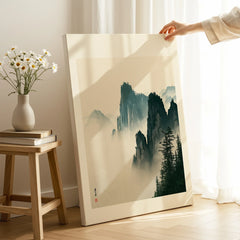 Japanese Misty Mountain Art Print – Vintage Landscape Wall Art — canvas print mirror edge hand holding room setting