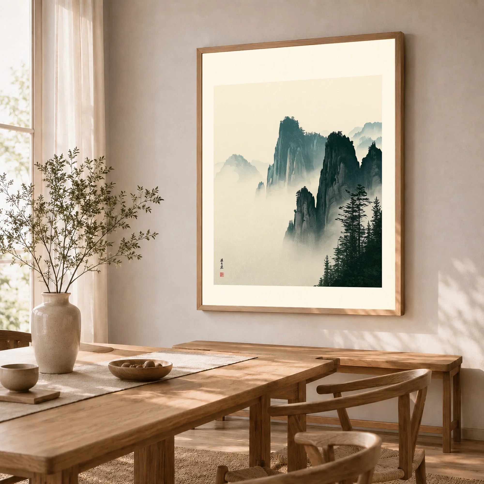 Japanese Misty Mountain Art Print – Vintage Landscape Wall Art — dining room framed print natural wood frame