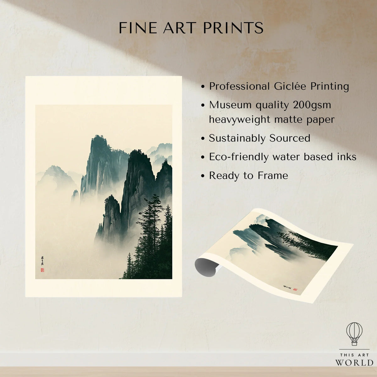Japanese Misty Mountain Art Print – Vintage Landscape Wall Art — fine art print unframed quality details