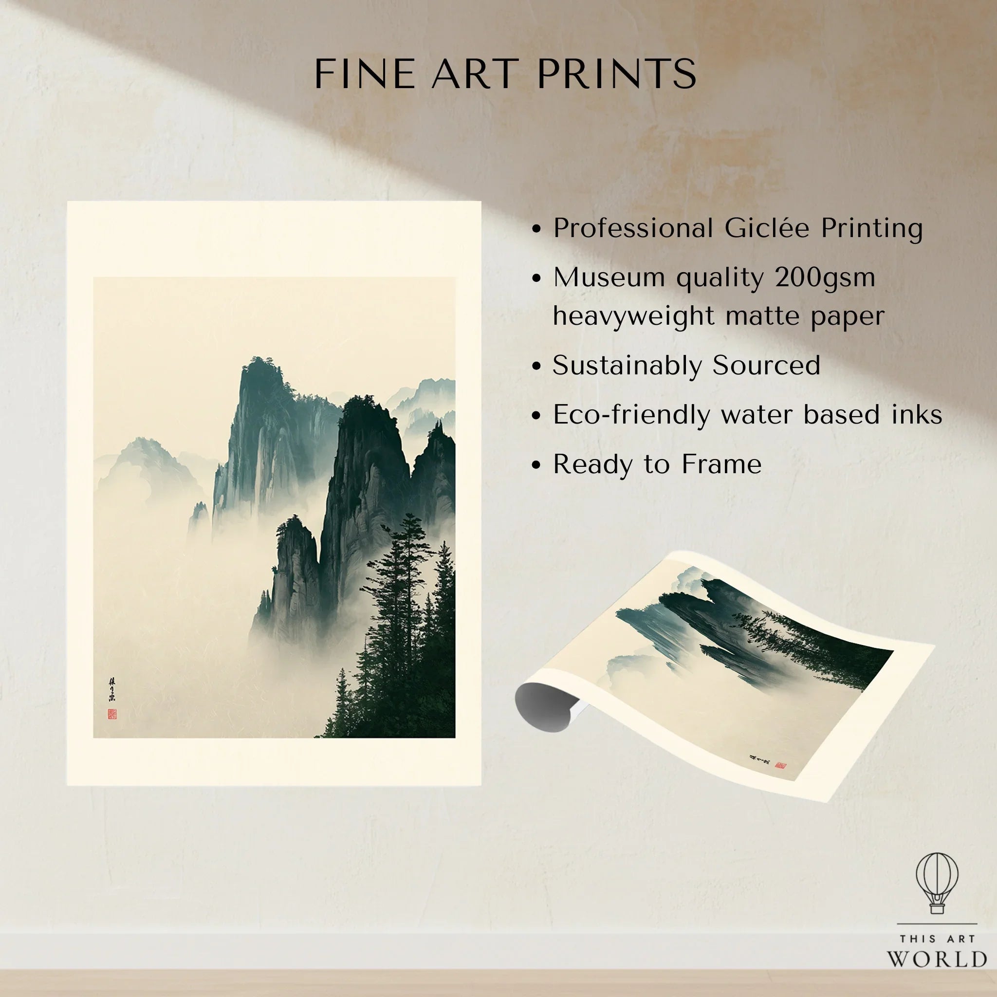 Japanese Misty Mountain Art Print – Vintage Landscape Wall Art — fine art print unframed quality details