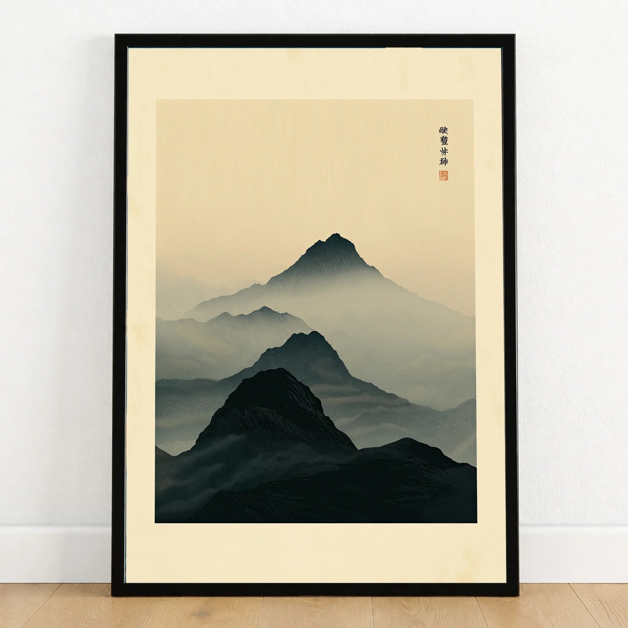 Japanese Mountain Art Print – Dark Vintage Landscape Wall Art — art print in black frame on wooden floor