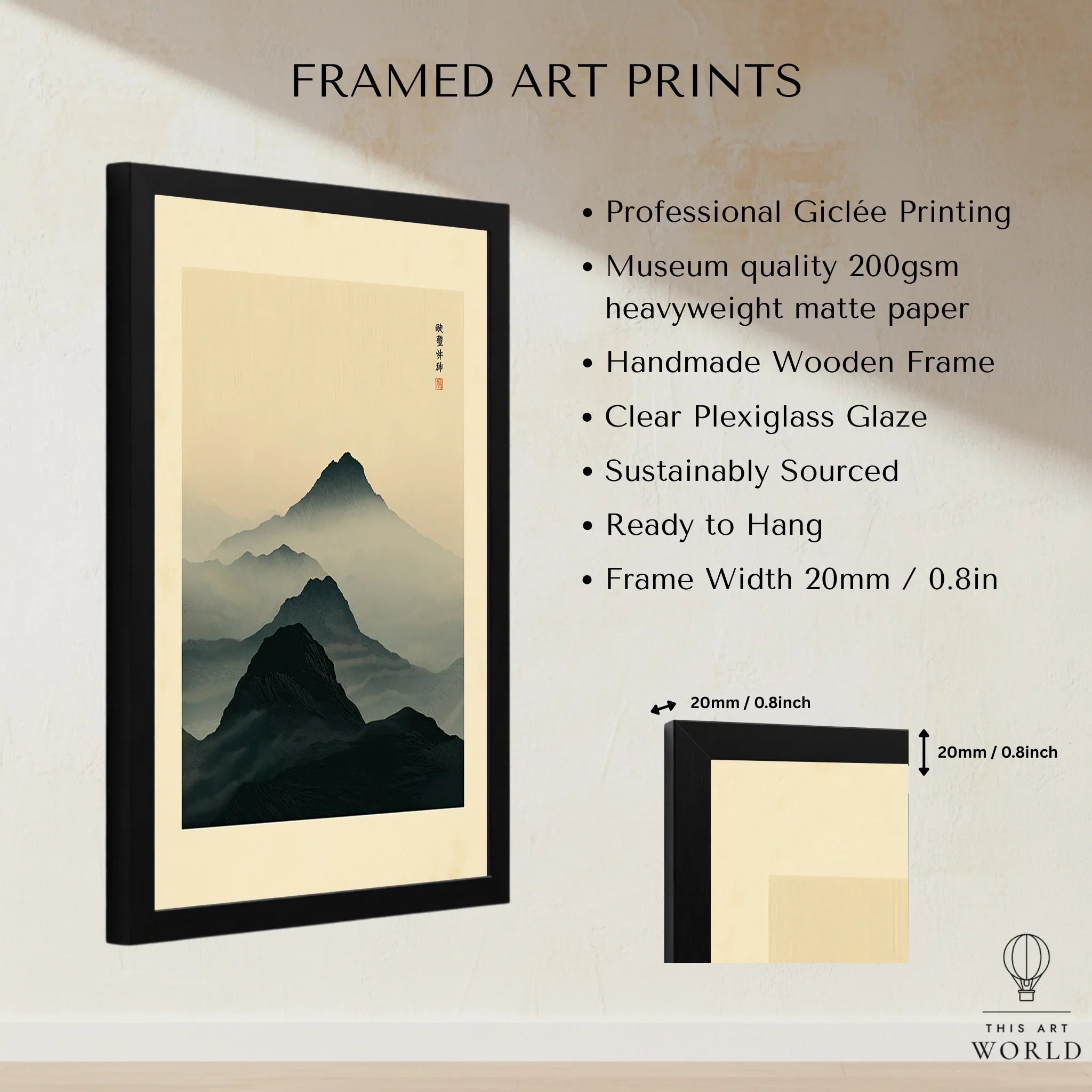Japanese Mountain Art Print – Dark Vintage Landscape Wall Art — framed print details measurements quality details