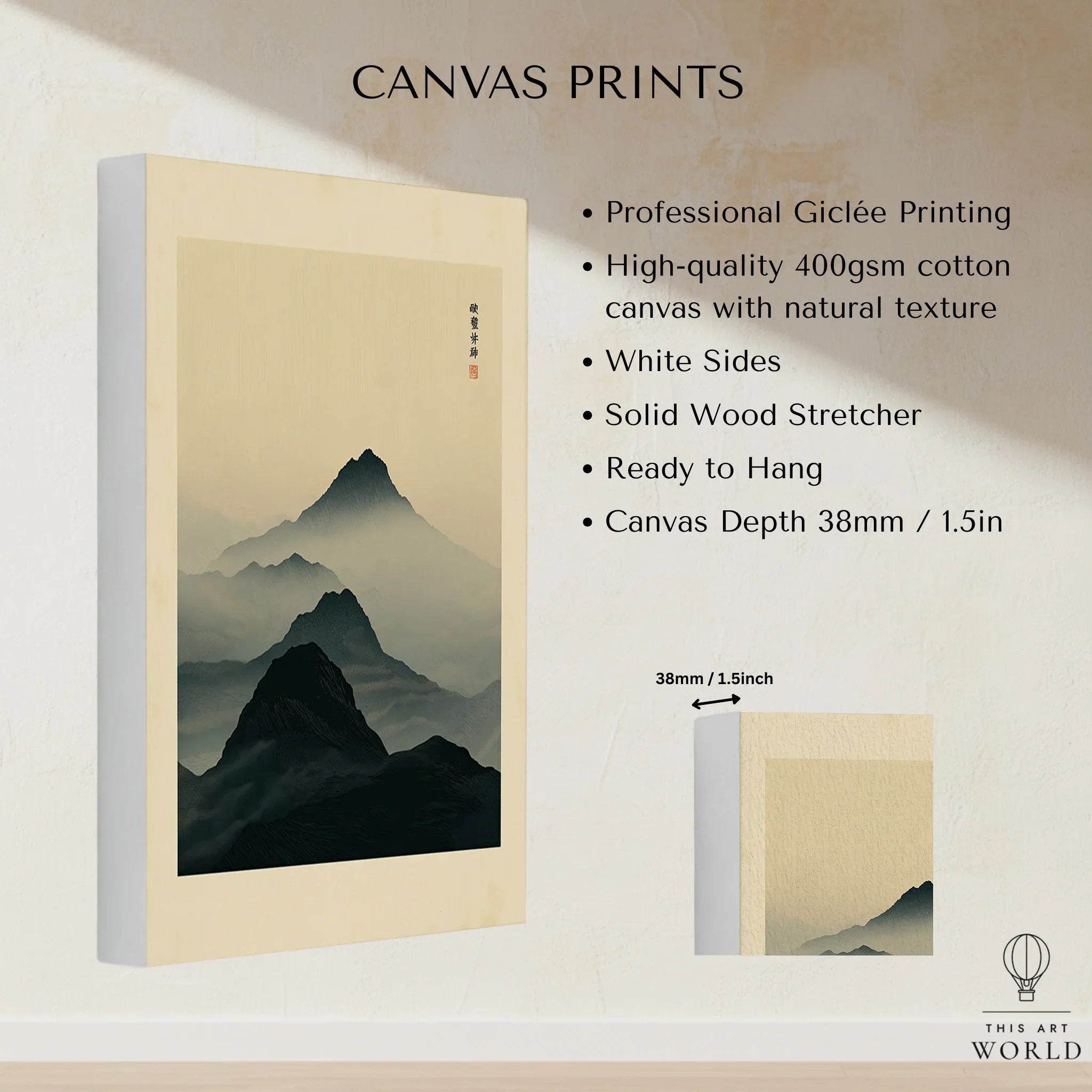 Japanese Mountain Art Print – Dark Vintage Landscape Wall Art — canvas print stretched cotton canvas details