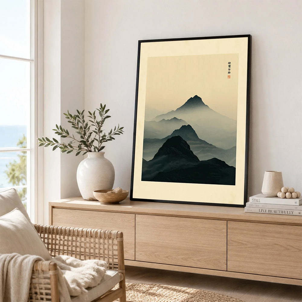Japanese Mountain Art Print – Dark Vintage Landscape Wall Art — framed artwork living room lifestyle setting