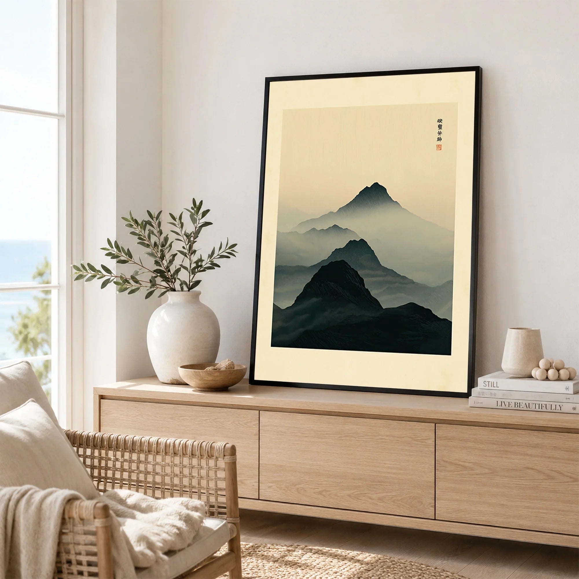 Japanese Mountain Art Print – Dark Vintage Landscape Wall Art — framed artwork living room lifestyle setting