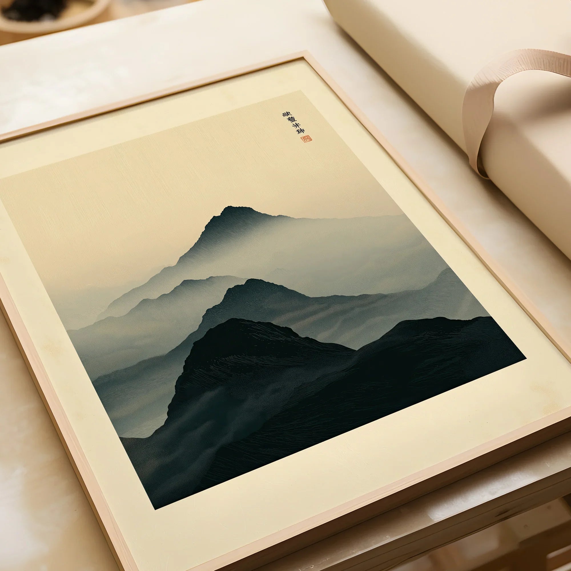 Japanese Mountain Art Print – Dark Vintage Landscape Wall Art — framed art print closeup gift unwrapped natural frame