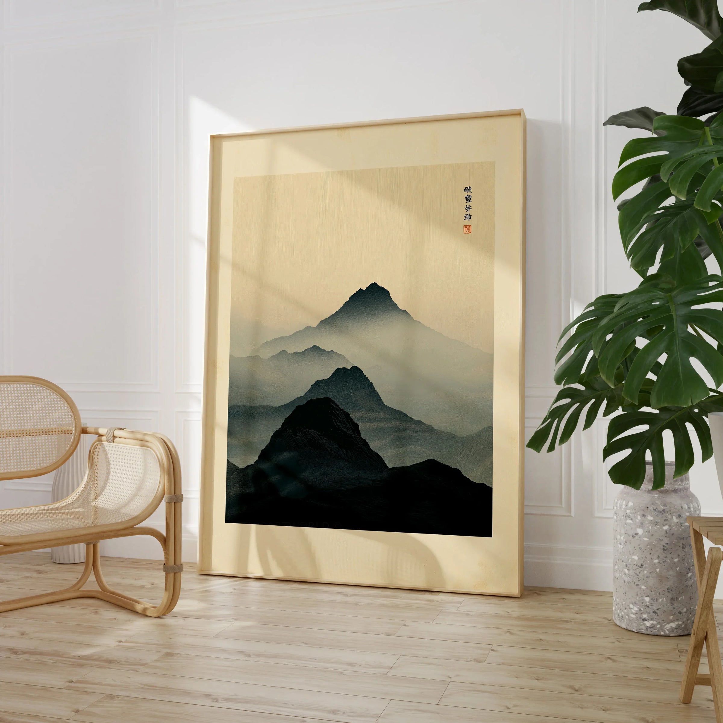 Japanese Mountain Art Print – Dark Vintage Landscape Wall Art — large framed print room setting chair plant